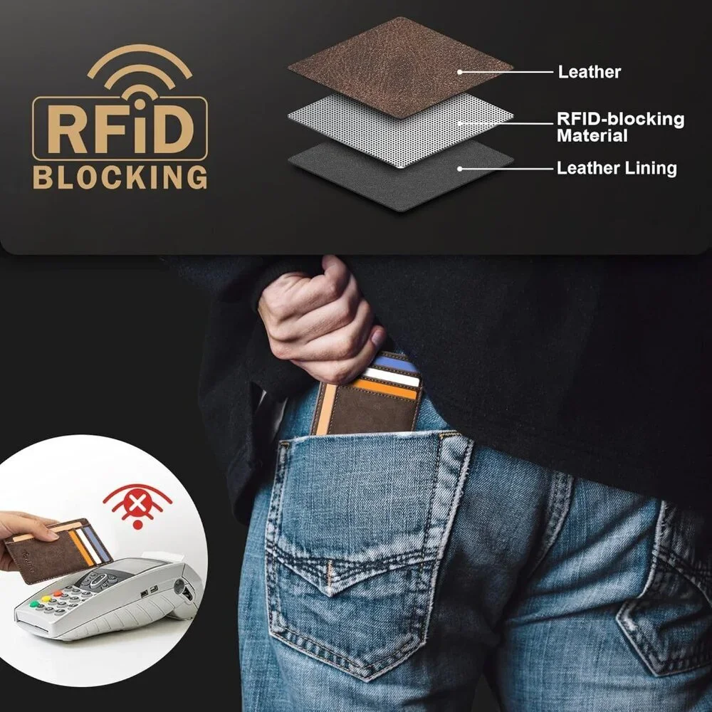 Men's Ch Coffee Slim Front Pocket Minimalist Leather Rfid Blocking Wallet